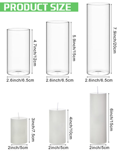 Shihanee 36 Pcs Pillar Candles and Glass Cylinder Vases Tall Cylinder Holders for Pillar Candles Wedding Centerpieces, Total 18 Sets(2.6'' X 4.7'', 5.9'', 7.9'',Clear,White)