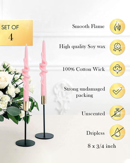 LPUSA Pink Taper Candle Candlestick Snake Soy Candles Unscented Wedding Party Wax Unscented Dinner Candle Dripless,8 inch,Set of 4,Snake