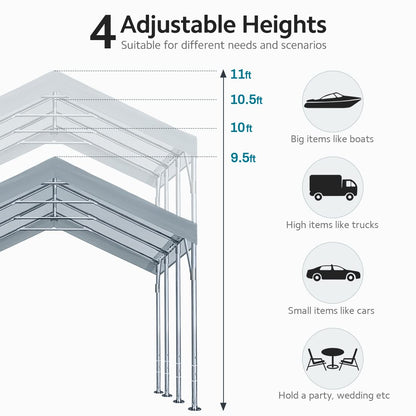 ADVANCE OUTDOOR 12x20 ft Heavy Duty Carport Potable Car Canopy Garage Party Tent Boat Shelter, Adjustable Height from 9.5 ft to 11 ft, Gray