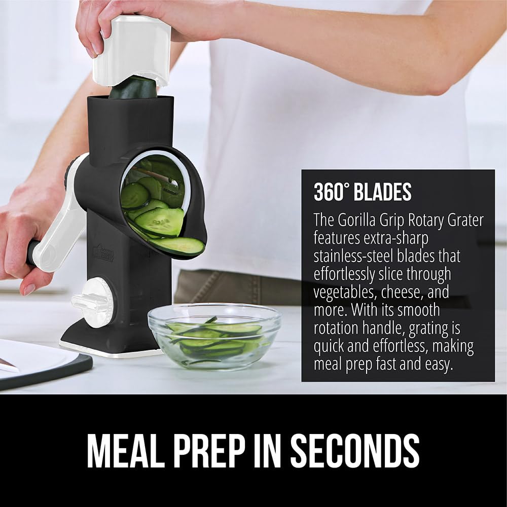 GORILLA GRIP Slip-Resistant Rotary Cheese Grater with 3 Interchangeable Blades to Shred Slice and Grate, Hand Crank Vegetable Chopper Mandolin, Slicer for Veggie Onion, Home and Kitchen Gadgets, White