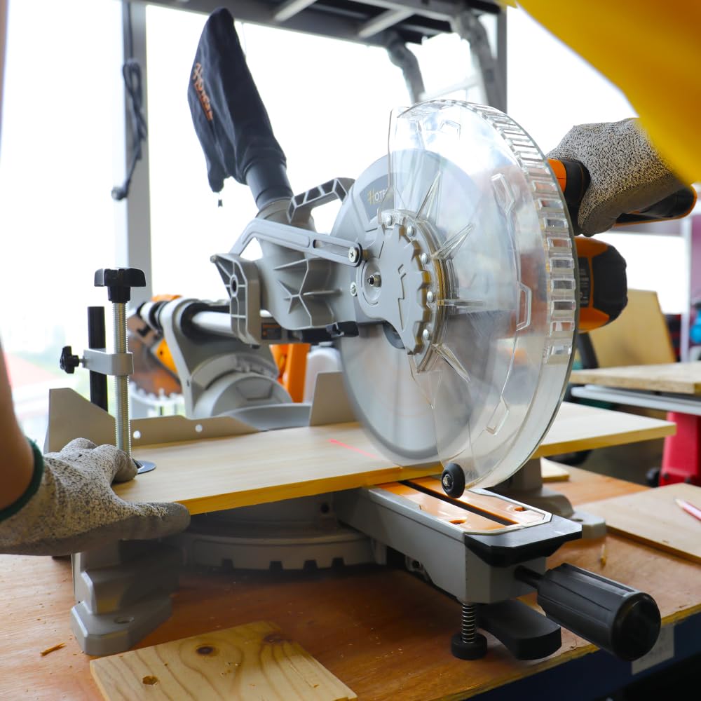 Hoteche 10-Inch Miter Saw 15A Sliding Compound Single Bevel Chop Saw with Laser Guide and TCT Saw Blade for Wood and Metal Working