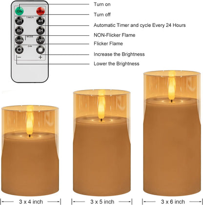 COVEGE Glass LED Flameless Candles Set with Remote, Gold Battery Operated Fake Candles, Real Wax with Warm Flickering Light, Safe Decorative Pillar Candles for Home, Wedding, Party Gift (Pack of 3)