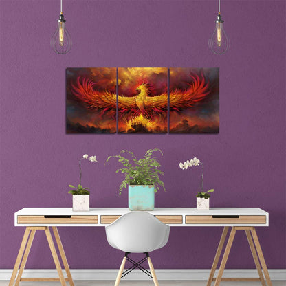 Fire Phoenix Wall Art Prints Volcanic Burning Phoenix Birds Canvas Picture Posters Prints Artwork 3 Piece Home Office Living Room Bedroom Decor Framed Ready to Hang - 36" W x 16" H