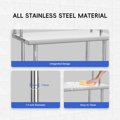 36 x 24 in Stainless Steel Table with Overshelves for Prep & Work, NSF Commercial Stainless Steel Kitchen Island with Adjustable Shelf & Hooks for Restaurant, Home and Hotel