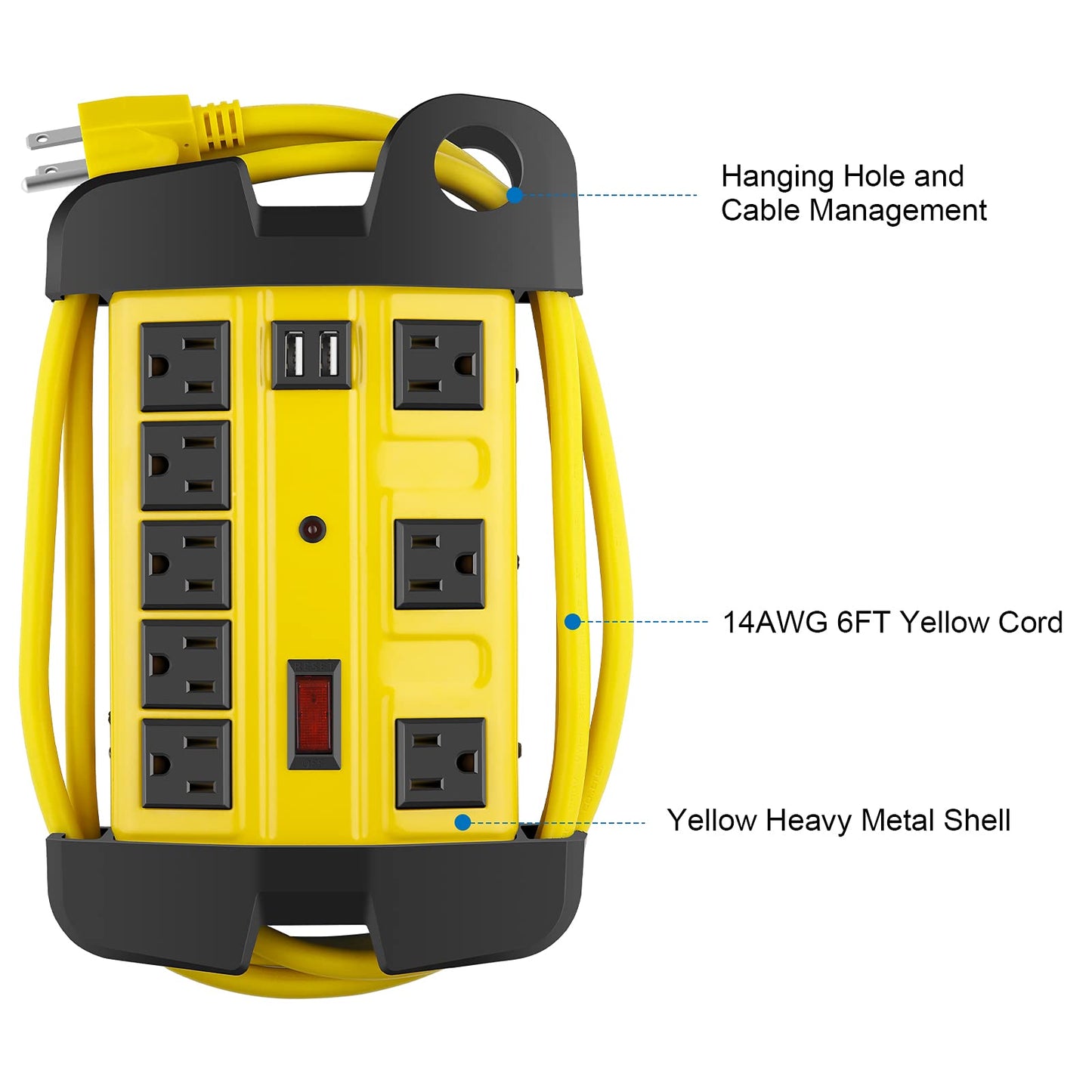 Heavy Duty Power Strip with USB, Workshop 8 Outlet Surge Protector 2700 Joules, Industrial Metal 15Amp Power Strip, 6FT Extension Cord and Wide Spaced. Yellow