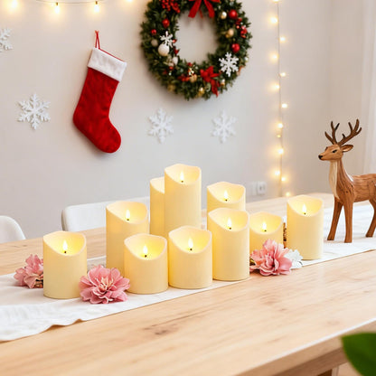 kakoya Flameless LED Candles Battery Operated with Remote and Timer,Flickering Electric Fake Plastic Pillar Candles Set of 12(D3 x H 3" 4" 5") Ivory