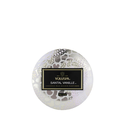 Voluspa Santal Vanille, Mini Tin Candle, 4 Ounce, 25 Hour Burn Time, Coconut Wax for Clean Burning, Handcrafted in the USA