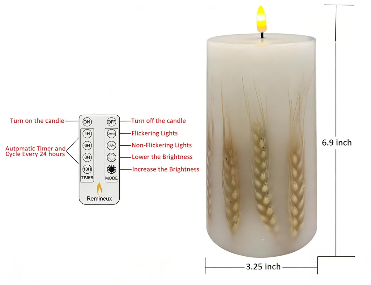 Remineux Flameless LED Candle with Embedded Natural Wheat, Battery-Operated Real Wax Pillar Candle, Flickering Flame Effect, Remote Control, Rustic Farmhouse Decor, Unscented, White (3.25 * 6in)