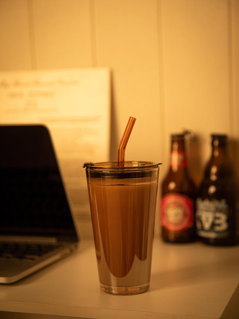 Olvini 15oz Glass Tumbler with Straw and Lid, Cute Iced Coffee Cups, Aesthetic Glass Cups, Coffee Tumbler, Water Cup, Matcha Cup, Drinking Glasses (Amber)