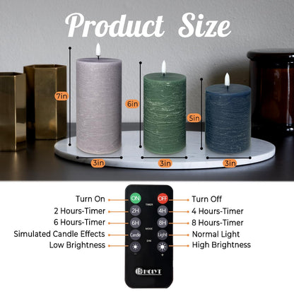 LEDHOLYT Rechargeable Flameless LED Pillar Candles–Luminous Real Wax Indoor Home Decor–Set of 3, Realistic Flickering LED Flame,Remote & Timer, USB-Rechargeable（Verdant & Ash Tones）