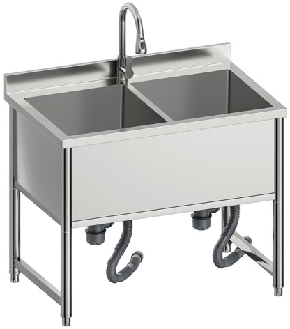 35" Stainless Steel Commercial Sink 2 Bowl Freestanding Kitchen Sink with Pull-out Faucet, Large Utility Sink for Kitchen, Dishwashing, Thawing, Laundry Room, Garage, Outdoor, Total Capacity 36 Gallon