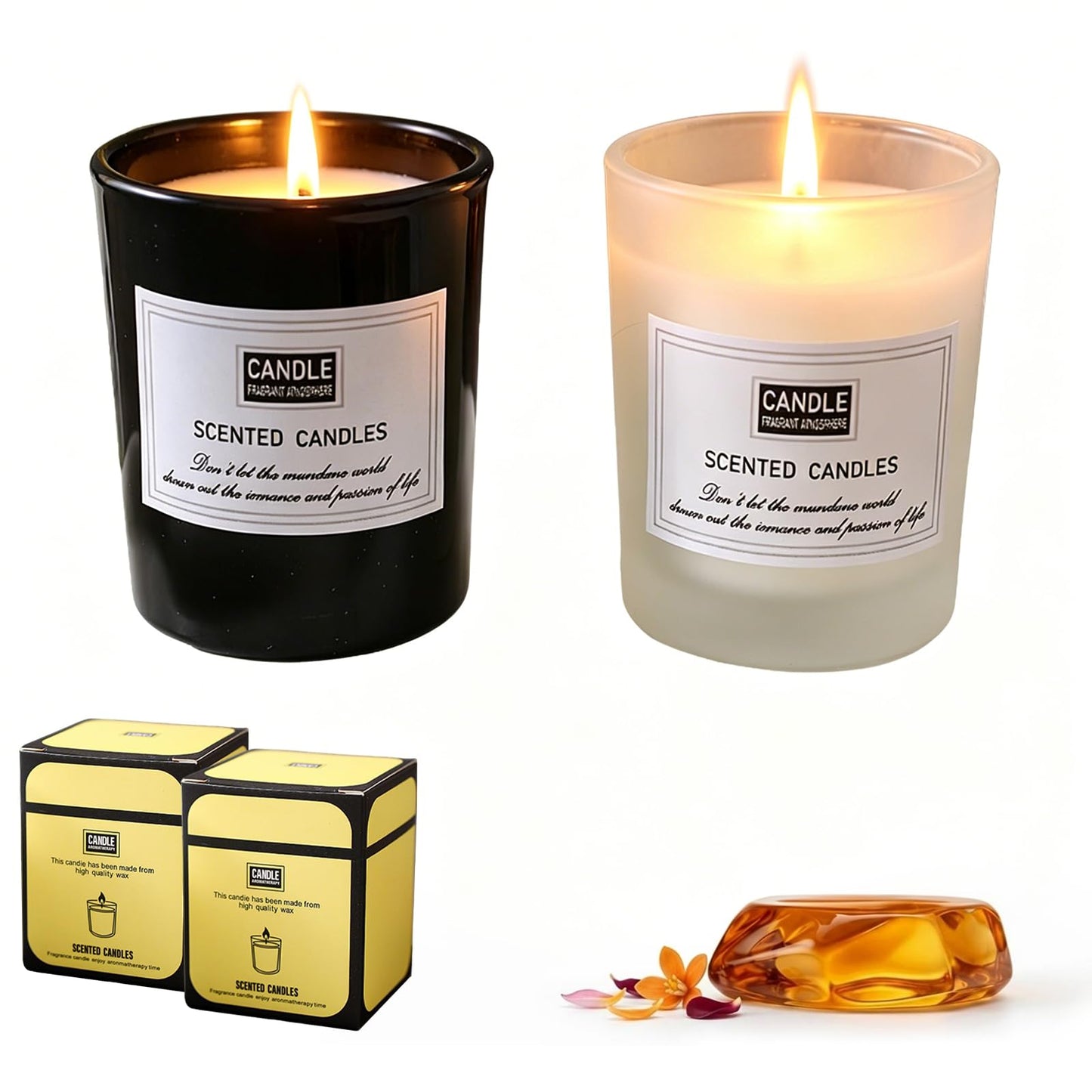 LAMKHOO Handmade Soy Wax Candle Set — Frosted Glass Jar, Smokeless Amber Woods Scent, 2-Pack Black & White, 4.5 Oz