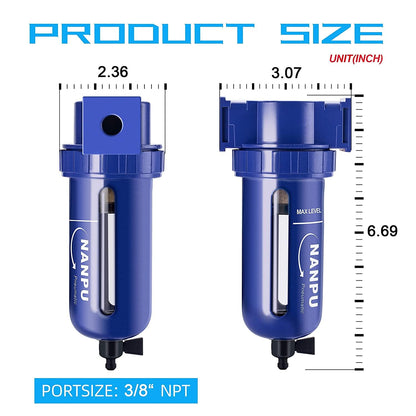 NANPU 3/8" NPT Compressed Air Filter, Zinc Alloy, 5 Micron Brass Element, Quick Release Bowl, Manual Drain, for Air Compressor ＆ Pneumatic Tools