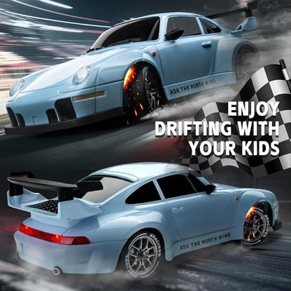 RC Drift Car 1:24 Scale Remote Control Vehicle with LED Lights 2.4GHz 20KM/H 4WD High Speed RC Cars Drifting Tires＆Two Batteries. (Blue)
