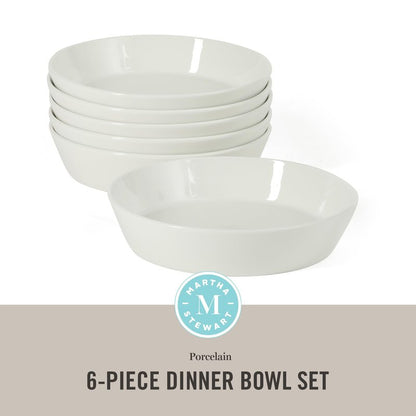 Martha Stewart Selma Pasta Bowls Set of 6, 43oz White Porcelain Soup Bowls & Salad Bowl, Wide and Shallow, Chip Resistant, Dishwasher & Microwave Safe