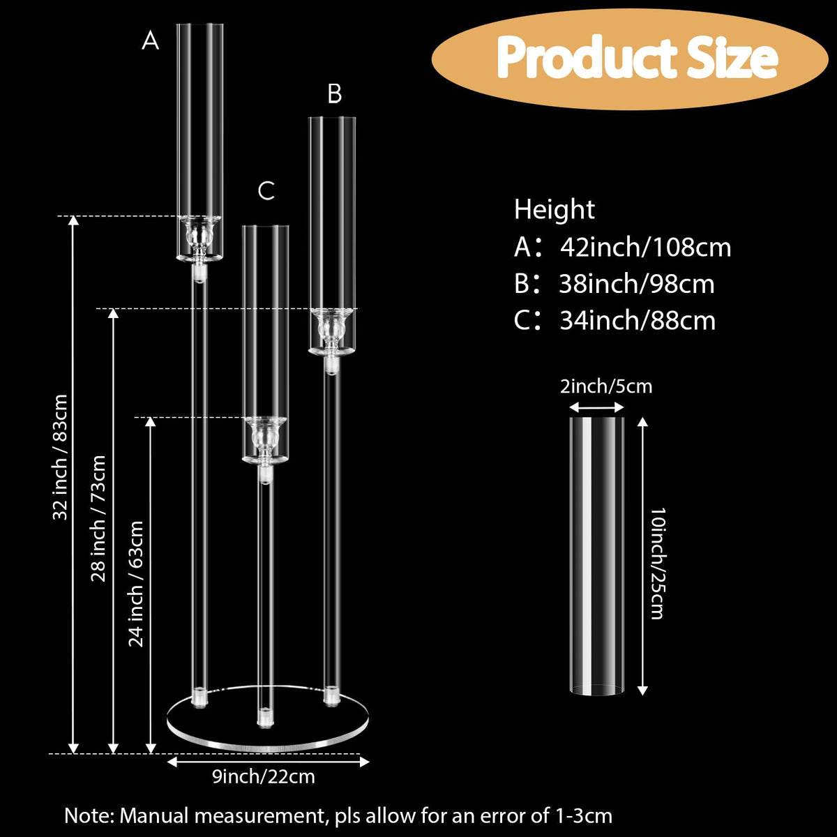 6 Set 3 Arms Acrylic Candelabras with Shades, 42" Floor Candelabra Centerpieces for Wedding Decorations,Clear Candle Holder for Table Decoration,Dinner Party,Candlesticks Holder Fits 0.87“LED Candle