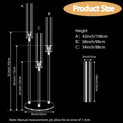6 Set 3 Arms Acrylic Candelabras with Shades, 42" Floor Candelabra Centerpieces for Wedding Decorations,Clear Candle Holder for Table Decoration,Dinner Party,Candlesticks Holder Fits 0.87“LED Candle