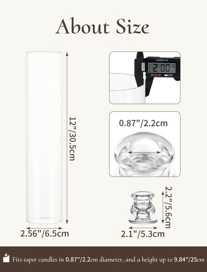 Inweder Glass Hurricane Candle Holder: 12" Tall Candlestick Holder with Cylinder Windproof Cover Clear Taper Candle Holders for Wedding Party Birthday Christmas Home Decor Set of 2
