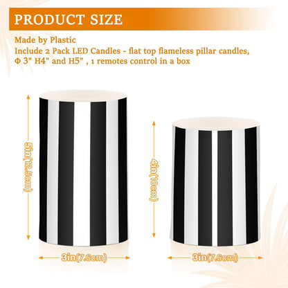 ALAZA White Black Stripe Flameless Candles Flickering LED Candles with Remote Timer Battery Operated Pillar Candles Set of 2 for Dinner Holiday Decor