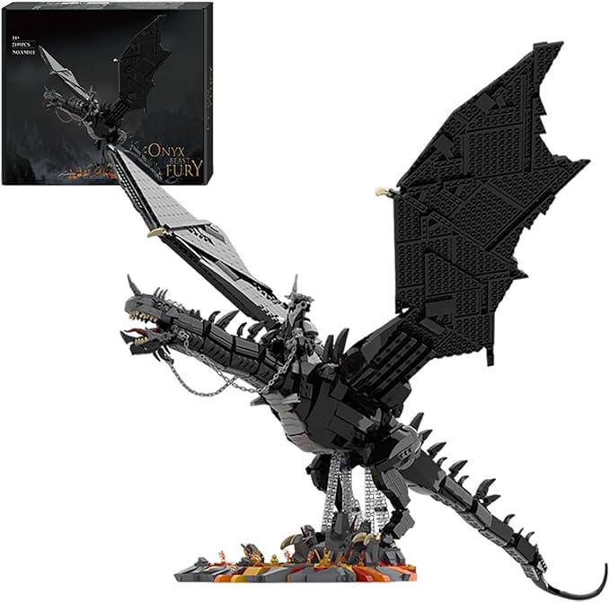 The Rings Dark Fantasy Giant Dragon with Witch King Figure Building Blocks Set - 80cm Large Scale Black Dragon with Lava Nest Base &amp Detailing for Adults 14+ (2199 Pieces)