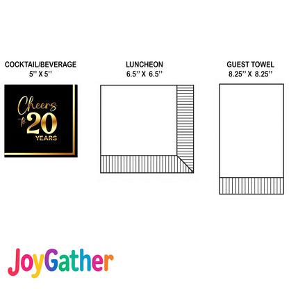 JOYGATHER Cheers to 20 Years - 50PCS Black & Gold Foil Cocktail Napkins, 3-Ply Disposable Paper 5x5 Inches 20th Birthday Decorations, Wedding, Anniversary, Party Men & Women