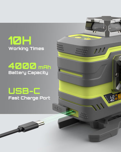 LasGoo LG-4D 16 Green Beam 4x360° Laser Level, Self-Leveling Tool with Horizontal and Vertical Dual Layout, Ideal for Construction and Picture Hanging, Magnetic Pivot Bracket Included