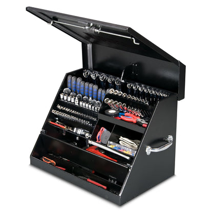 Montezuma – SE250B – 26-Inch Portable TRIANGLE Toolbox – Multi-Tier Design – Heavy-Duty Steel Construction – SAE and Metric Storage Chest – Weather-Resistant Toolbox – Lock and Latching System, Black
