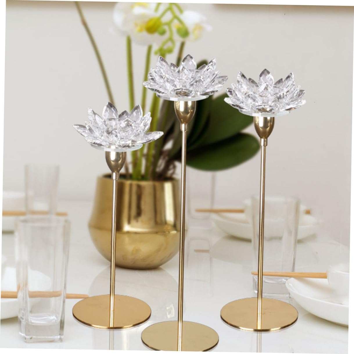 CALLARON Simple Metal Candlestick Crystal Lotus Candle Holder Small Gold Decorative Candle Stand for Dining Room Centerpiece Home Décor