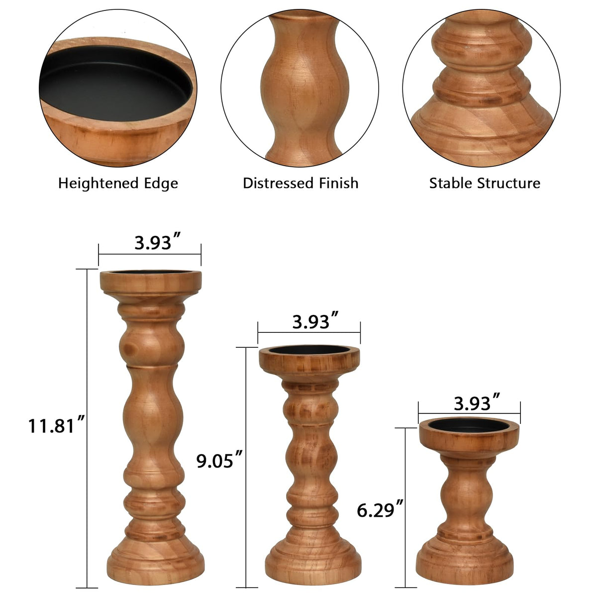SWALLOWLIVING Rustic Farmhouse Wood Pillar Candle Holder Set of 3 for Candlestick, Brown