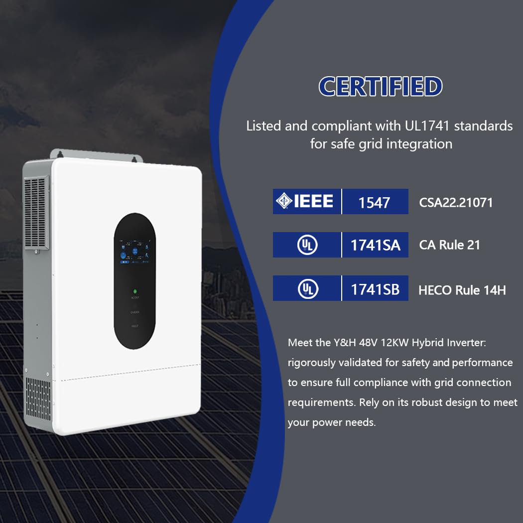 Y&H 7200W Solar Hybrid Inverter 48V DC to AC120V/240V Split Phase Pure Sine Wave, 150A MPPT Controller, UL1741, Supports Battery-Free,Off-Grid for Home/RV/Cabin, W i-Fi Remote, BMS Lithium Compatible