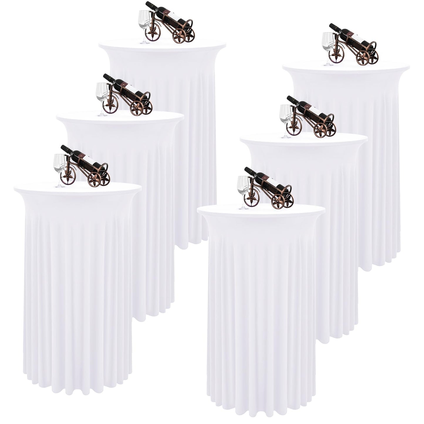 REWOMC 6 Packs Round Cocktail Table Skirt 24"x 43" Spandex Stretch Cocktail Tablecloth with Wavy Drapes, White Spandex Fitted High Top Table Covers for Wedding Bar Party Birthday Banquet Tables