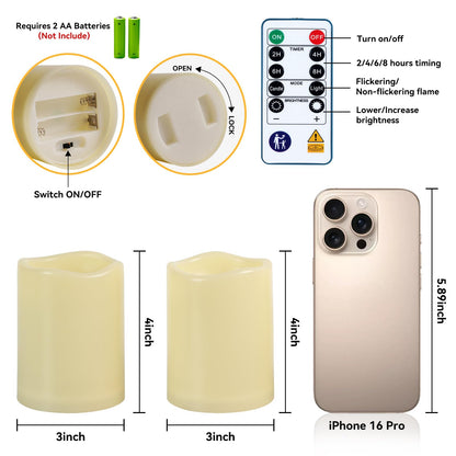 Raycare 3"x4" Outdoor Waterproof Flameless Candles, Battery Operated LED Electric Candles with Remote and Timers, Fake Pillar Candle for Patio, Porch, and Wedding Decor, Ivory, Set of 2