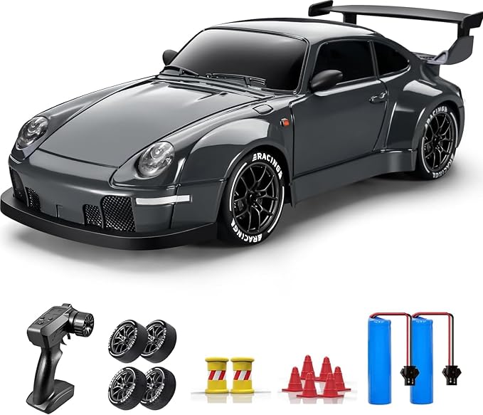 RC Drift Car 1:24 Scale Remote Control Vehicle with LED Lights 2.4GHz 20KM/H 4WD High Speed RC Cars Drifting Tires＆Two Batteries. (Dark-Gray)