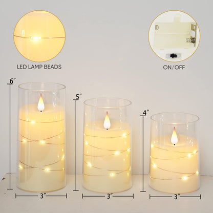 Homemory Flickering Flameless Candles with String Lights, Battery Operated Candles, Embedded String Lights LED Candles, Unbreakable Plexiglass Candle with Remote, Set of 3, Ivory White