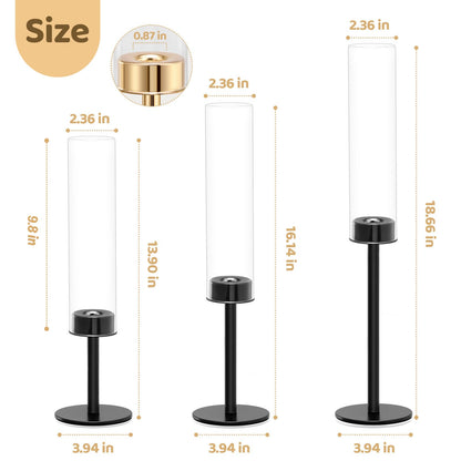 Black Hurricane Glass Candle Holders Set of 3, Tall Metal Taper Candle Stick Holder, Clear Candlestick Holders, Table Centerpieces Decor for Dining Dinner, Weddings, Christmas Fireplace Decorations