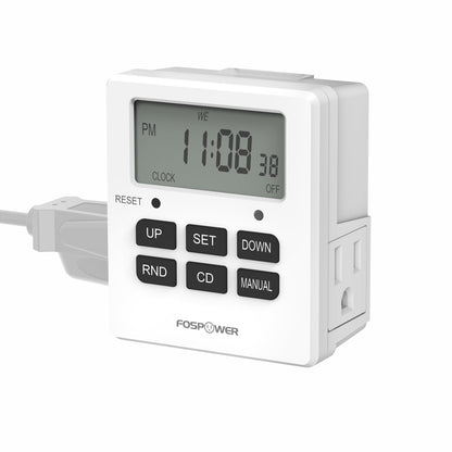 Fospower 7 Day Digital Timers for Electrical Outlets Indoor, Heavy Duty Dual Programmable Outlet Light Timer Switch, Electric Power Wall Timer for Grow Light, Appliance, Lamp, 3 Prong, Grounded