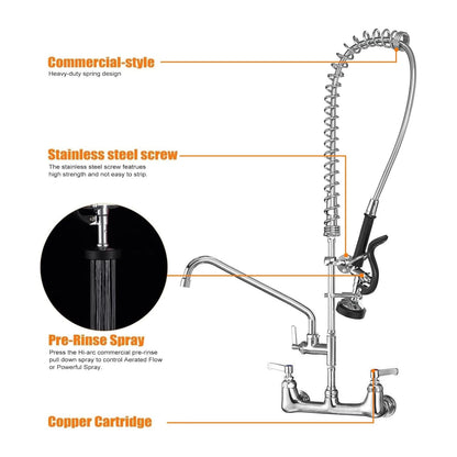 Commercial Sink Faucet with Sprayer for Kitchen: MSTJRY 42" Height 8" Center 14" Swing Spout Pre Rinse Assembly Wall Mount Commercial Faucet with Sprayer Fit for 3 Compartment Sink - Polished Chrome