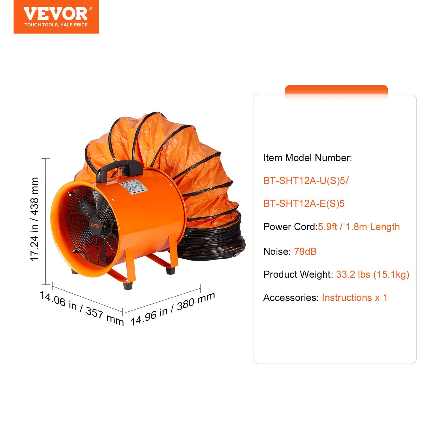VEVOR Air Mover Blower Fan 12 Inch, 3198CFM 585W with 16.4ft Flexible Duct, Industrial Portable Ventilator Blower/Exhaust, Orange