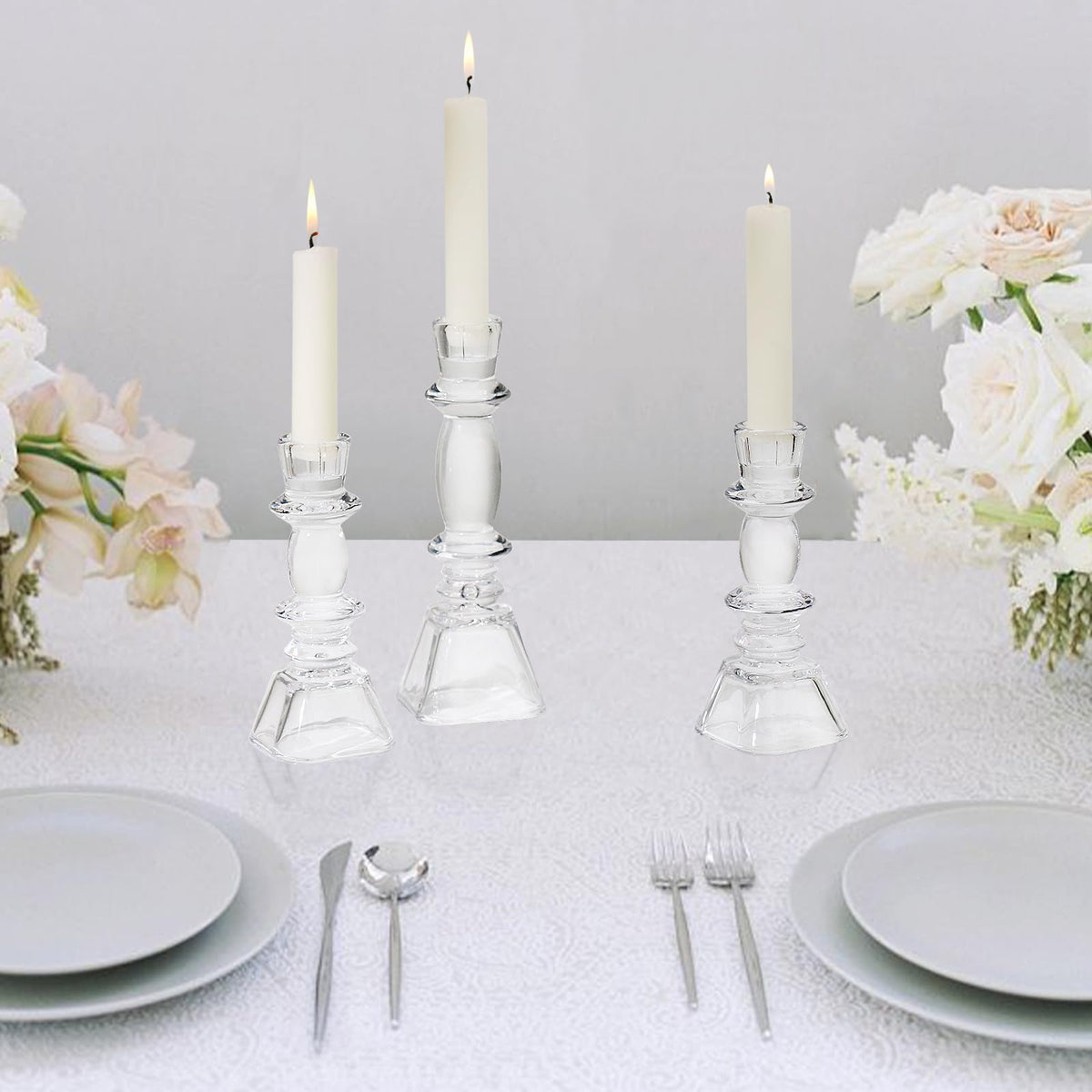 CHOCSTAY Glass Candlestick Holders Set of 3, Clear Taper Candle Holders for Table Centerpiece, Home Decorations, Wedding and Party