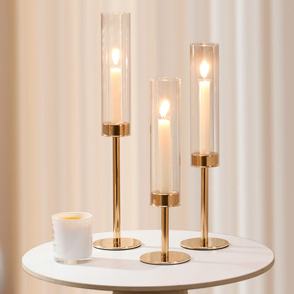 Gold Hurricane Candle Holders Set of 6, Tall Metal Windproof Glass Taper Candle Holder for Candlestick, Candle Sticks Decor, Table Centerpieces for Wedding, Candlelit Dinner Party Fireplace Decoration