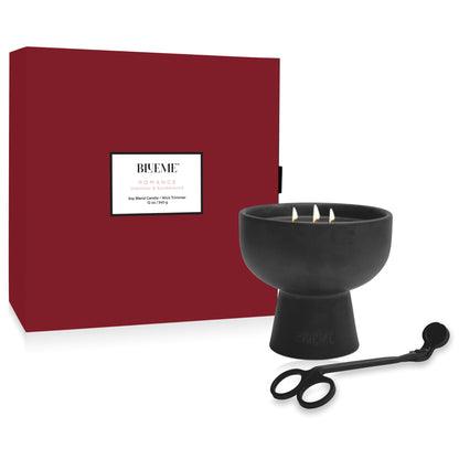 Blueme Valentines Day Candle Set | Romance- Oakmoss & Sandalwood | Black Ceramic Candle w/Wick Trimmer | Essential Oil, Natural Cotton Wick, Soy-Wax Blend, Hand Crafted Ceramic Vessel | 12oz Red Box