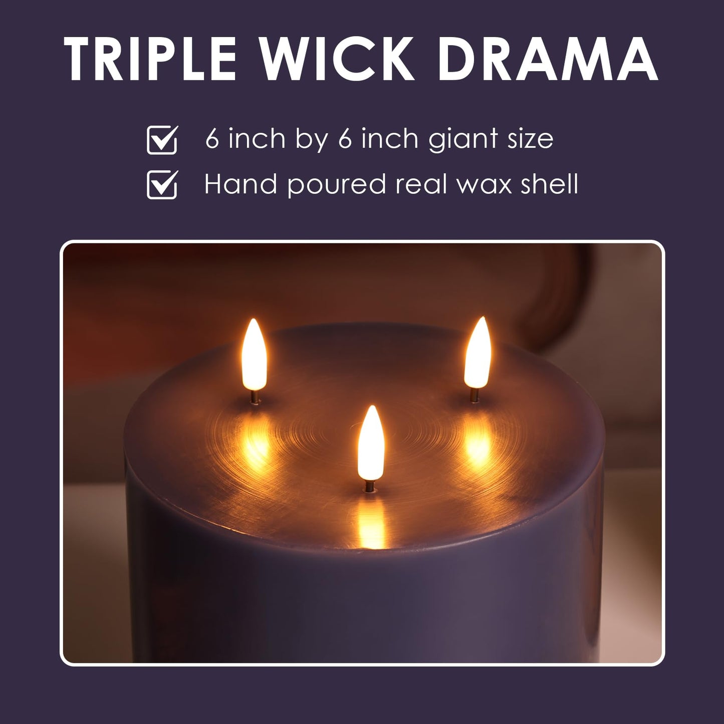 Girimax Navy Blue 3 Wick Flameless Candle with Remote, 6x6 inch Giant LED Pillar Candle, Battery Operated Real Wax Flickering
