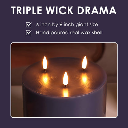 Girimax Navy Blue 3 Wick Flameless Candle with Remote, 6x6 inch Giant LED Pillar Candle, Battery Operated Real Wax Flickering