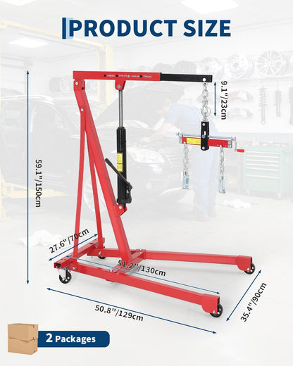 EliteEdge 1.5 Ton Hydraulic Engine Hoist, 3000 LBS Portable Shop Crane with Adjustable Telescopic Boom & 4 Casters, Heavy-Duty Cherry Picker for Garage, Warehouse, and Workshop Lifting, Red