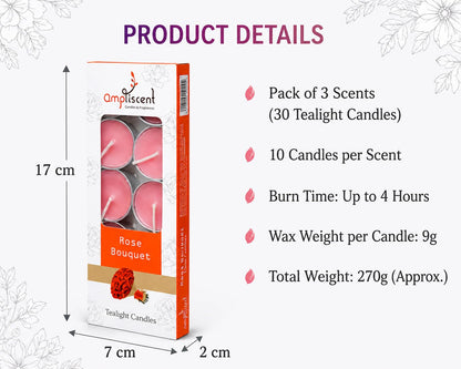 Ampliscent TeaLights Candles I Rose + French Lavender + Jasmine I Pack of 3-30 Premium Tealights I Long-Lasting Aroma | Scented Wax Tealights for Home Decor, Meditation, Christmas & Holiday Gifts