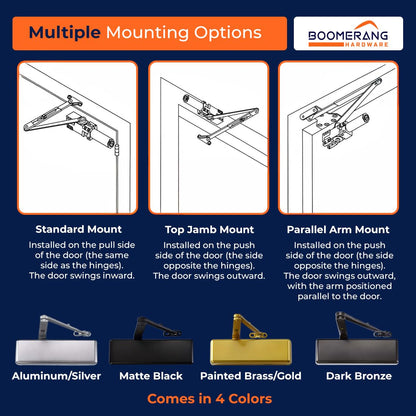 Boomerang D9016 Extra Heavy-Duty Designer Auto Commercial Door Closer, Multiple Mount Options, Door Closer for Extreme Traffic Areas, ADA & UL 3 Hour Fire Rated, Aluminum/Silver (US26D)