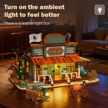 39076 Western Grocery Store Building Block Set Equipped with LED Lights 1827 Pieces Shop Building Model Building Block Kit Adult Creative Enthusiast Model Gifts and Unique Collectibles