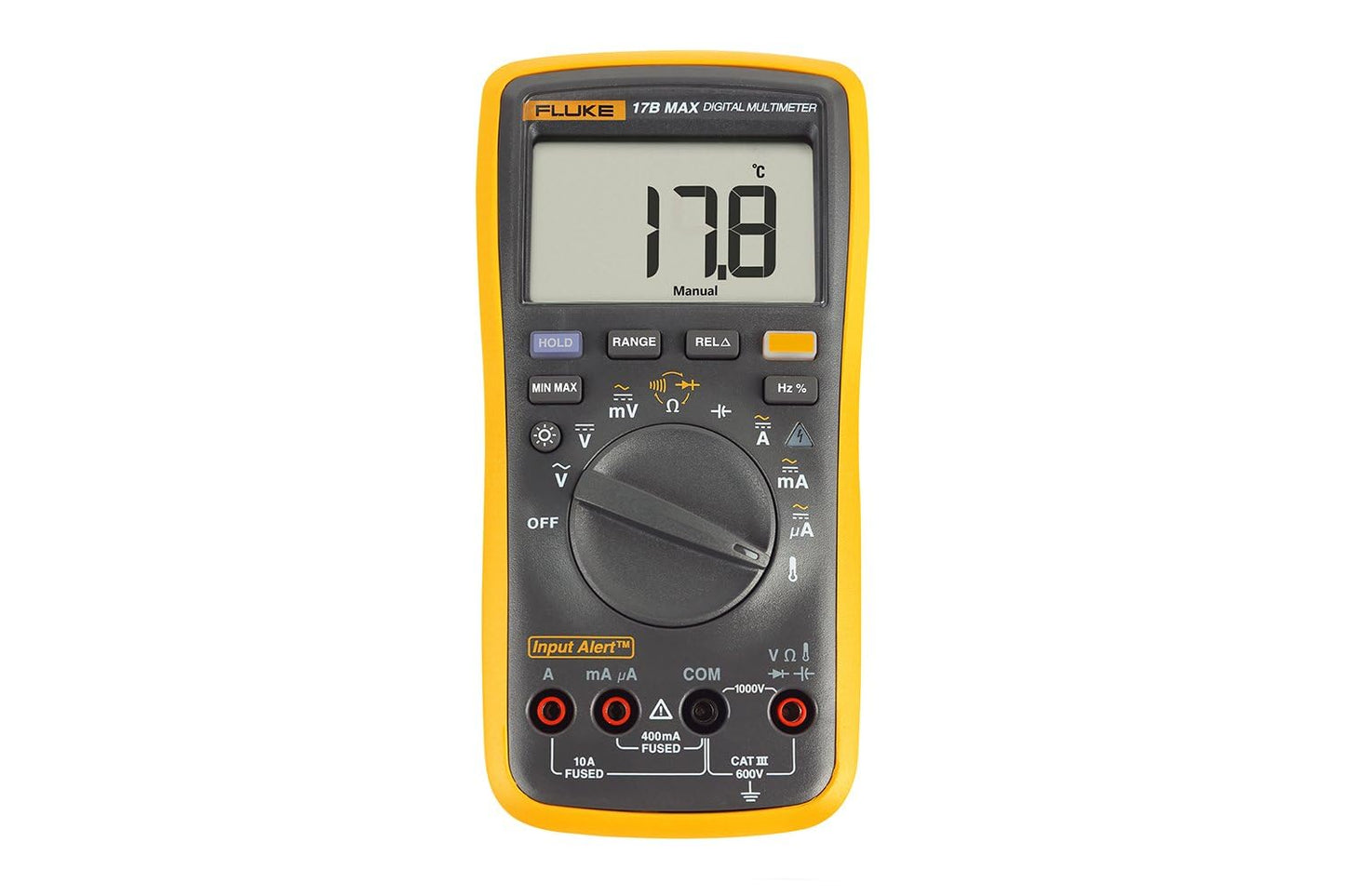 Fluke 17B+ Digital Multimeter, for Electrical Applications, Measures AC/DC Voltage 1000V, Current Measurements to 10A, Resistance, Continuity, Diode, Capacitance, Frequency, and Temperature Testing