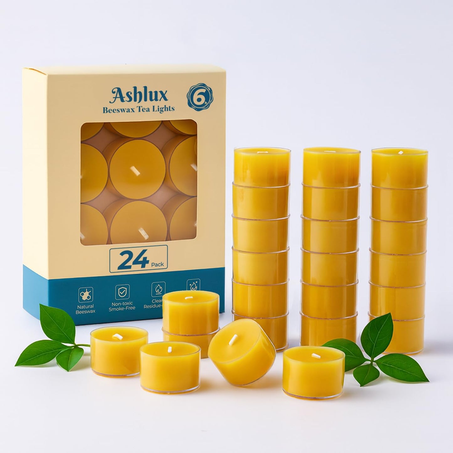 Ashlux 6 Hours Beeswax Tealights Candles, 24 Packs Pure Beeswax Tea Lights