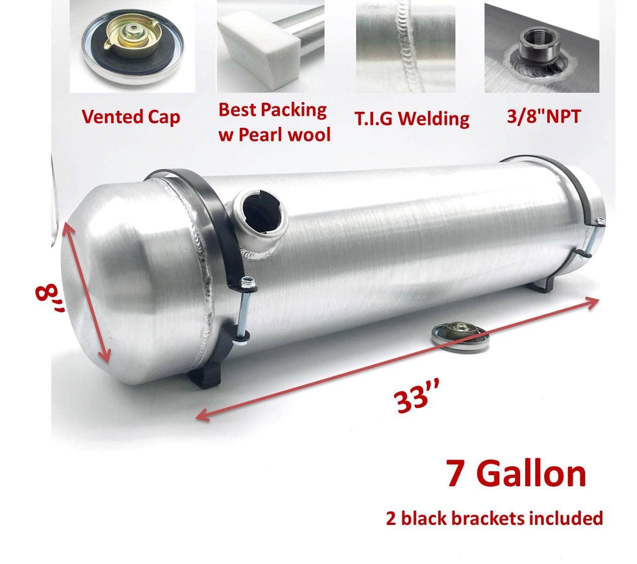 JSD 7 Gallons 8" x 33" Aluminum Spun Round Gas Tank Fuel Tank End Fill 3/8" NPT Outlet